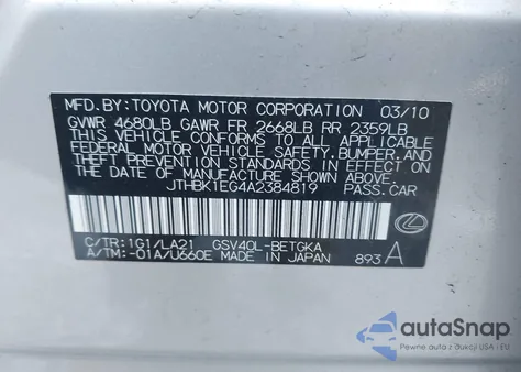 2010 Lexus Es 350 z USA, uszkodzony, nr VIN JTHBK1EG4A2384819